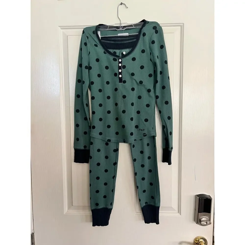 Abercrombie & Fitch Green Polka Dot HenleyTop & SleepPants 2Pec Set Size XS